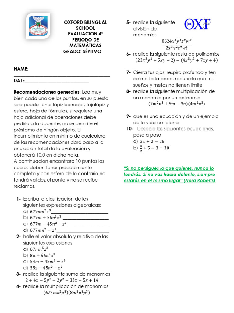 EV. GENERAL 7° 4P Math | PDF | Matemática Elemental | Análisis matemático