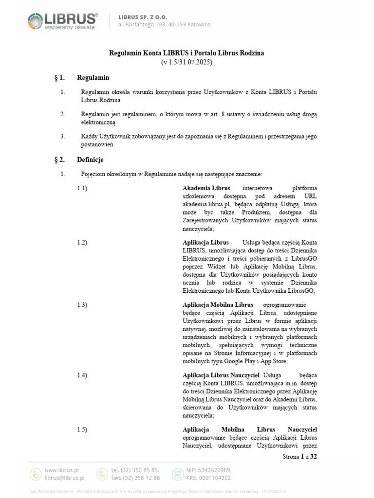 Regulamin Konta LIBRUS I Portalu Librus Rodzina - v1.5 | PDF