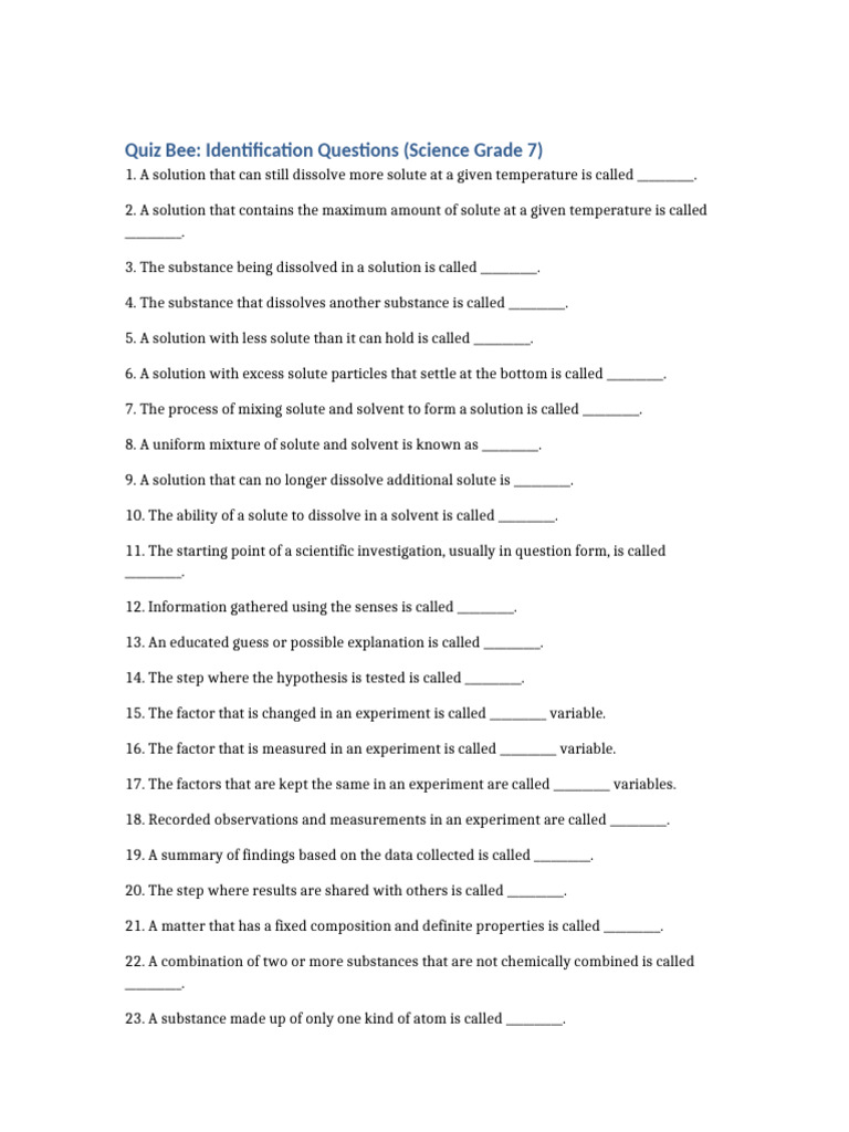 Grade 7 Science Quiz Bee Questions | PDF | Chemical Substances | Mixture