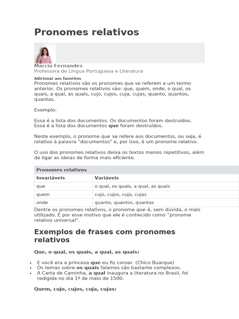 Entenda os Pronomes Relativos em Português | PDF | Pronome | Assunto ...
