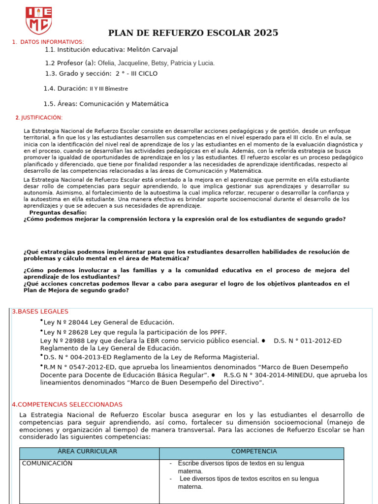 Plan de Refuerzo Escolar 2025 para 2° Grado | PDF | Evaluación ...