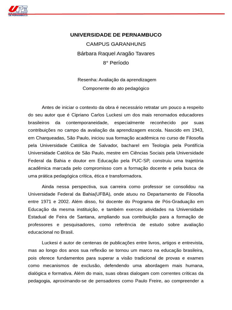 Avaliação da Aprendizagem por Luckesi | PDF | Pedagogia | Aprendizado