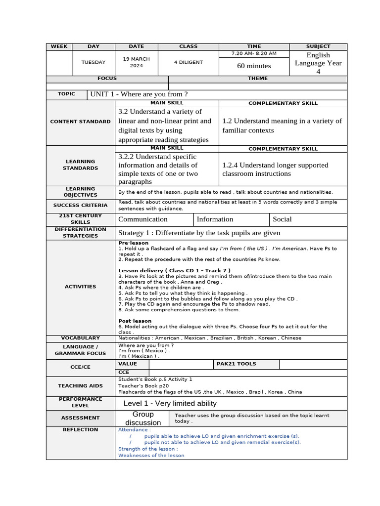 Year 4 English Lesson Plan: Nationalities | PDF | Reading Comprehension ...