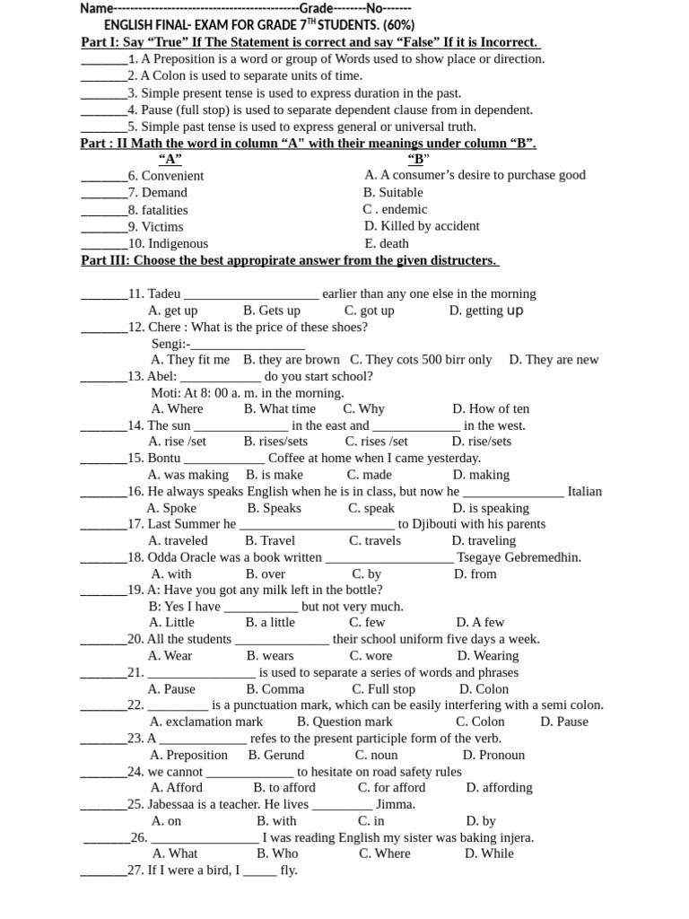 Grade 7 English Final Exam Guide | PDF | English Language | Linguistics