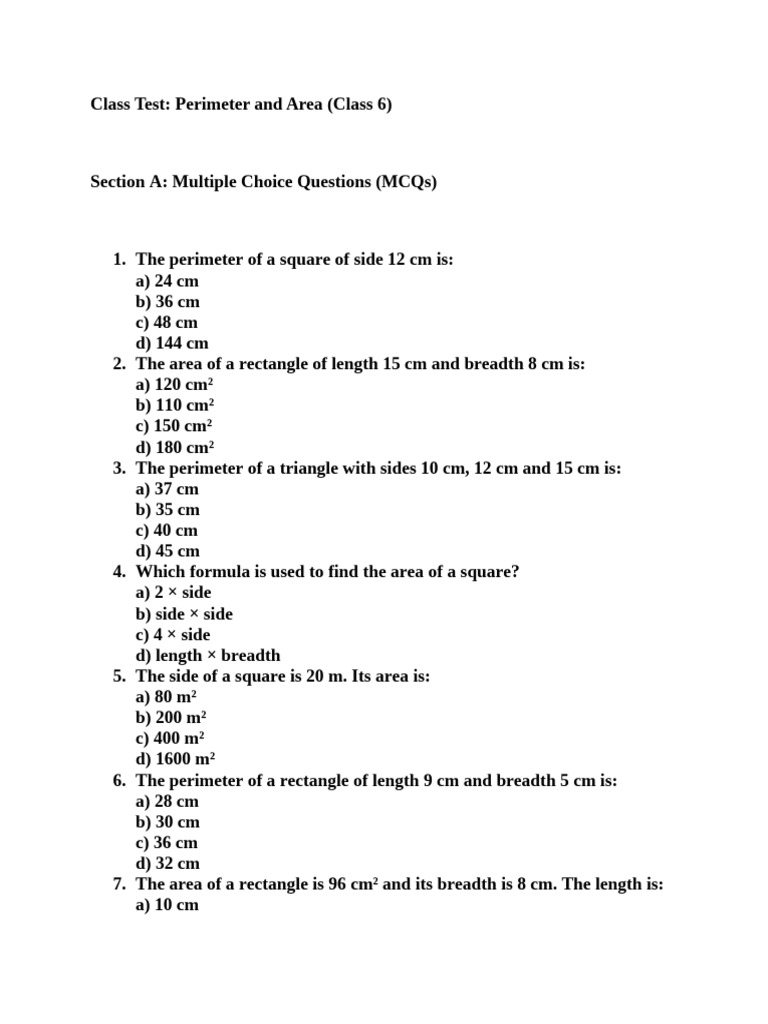 Class 6 Perimeter and Area Test | PDF