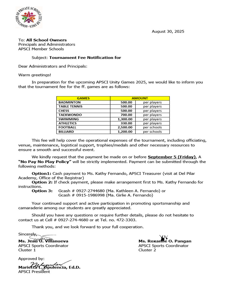 Individual Games Tournament Fee | PDF | Sports