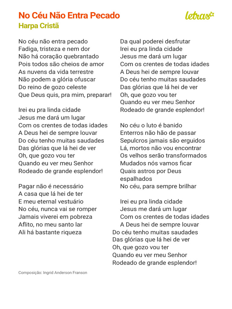 NO CÉU NÃO ENTRA PECADO - Harpa Cristã (Impressão) | PDF, image size:768x1024