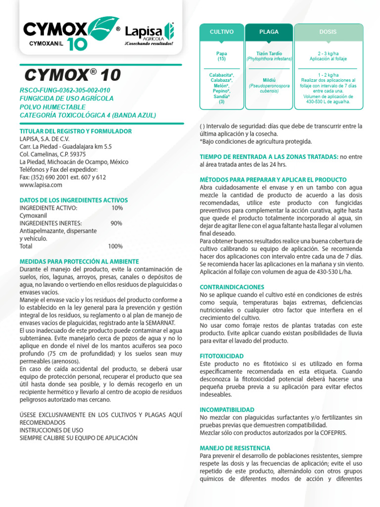 Ficha Técnica de Cymox 10 | PDF | Pesticida | Residuos
