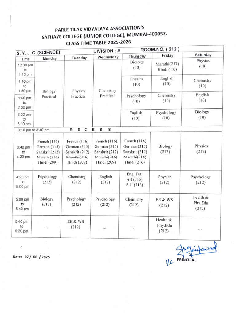S.Y.J.C. Science Class Timetable 2025-2026 | PDF | Languages | Foreign ...