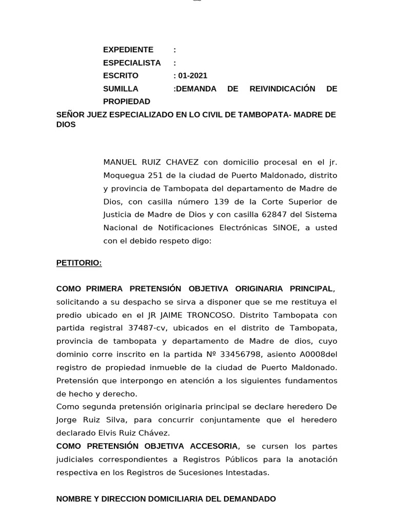 Demanda de Reivindicación de Propiedad | PDF | Herencia | Derecho Civil ...