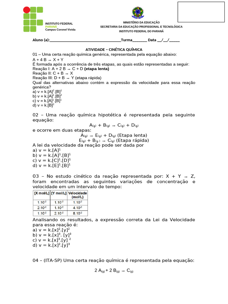 Atividade de Cinética Química: Questões e Respostas | PDF | Reações ...