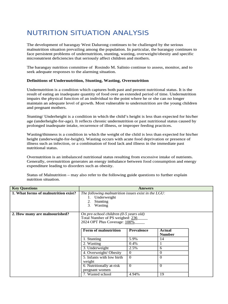 Malnutrition Analysis in Barangay West Dalurong | PDF | Malnutrition ...