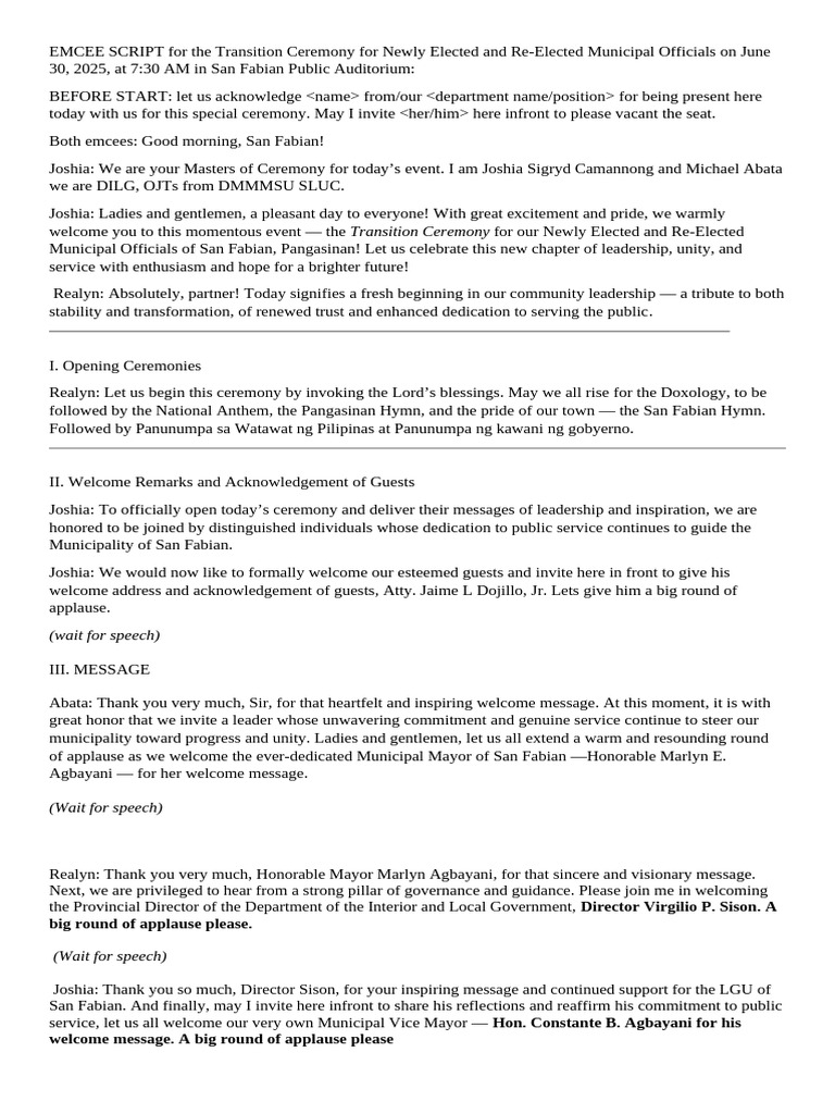 Emcee Script for San Fabian Officials' Ceremony | PDF