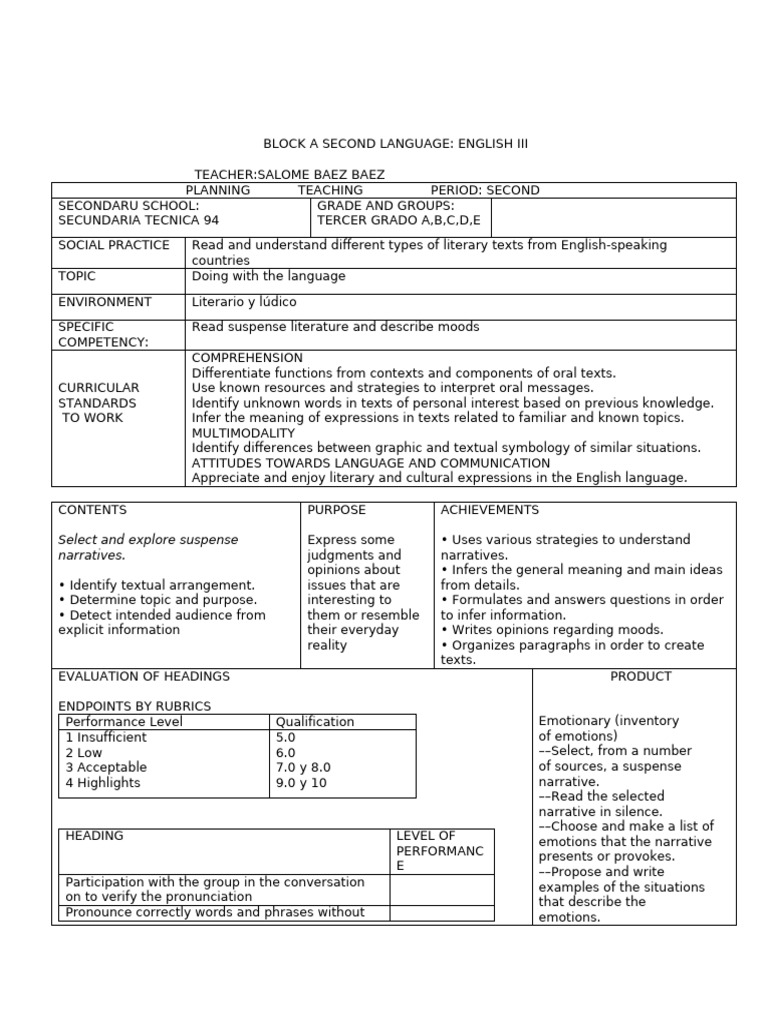 BLOCK A SECOND LANGUAGE Plan2dotrimestre Tercero | PDF | Reading ...