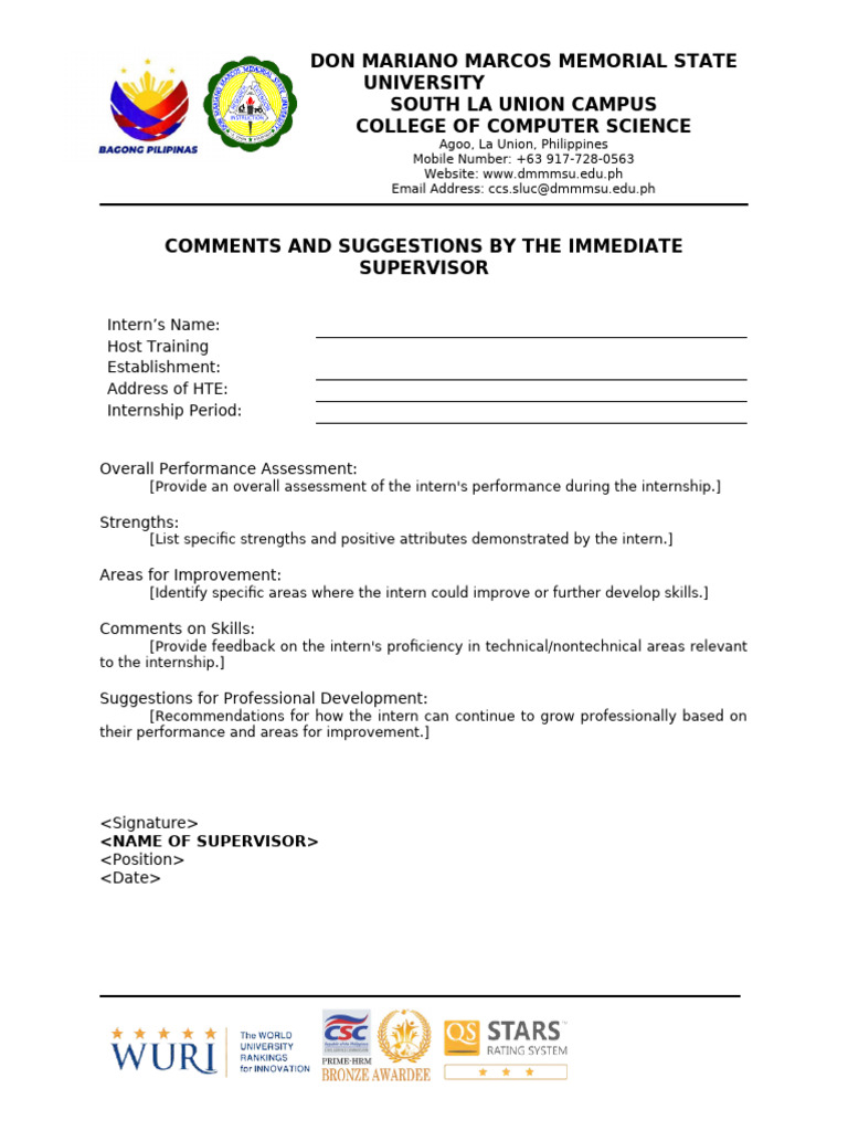 Supervisor Comments on Internship Evaluation | PDF