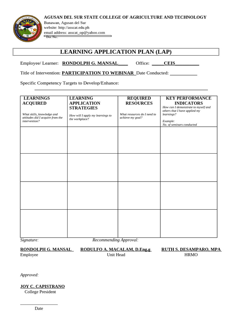 Learning Application Plan for Webinar Participation | PDF