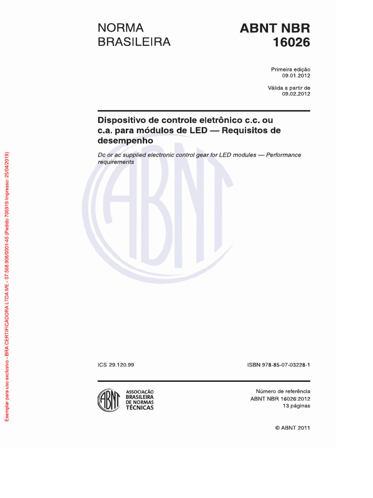 ABNT 16026 Dispositivo de Controle Eletrônico C.C. Ou C.A. para Módulos ...