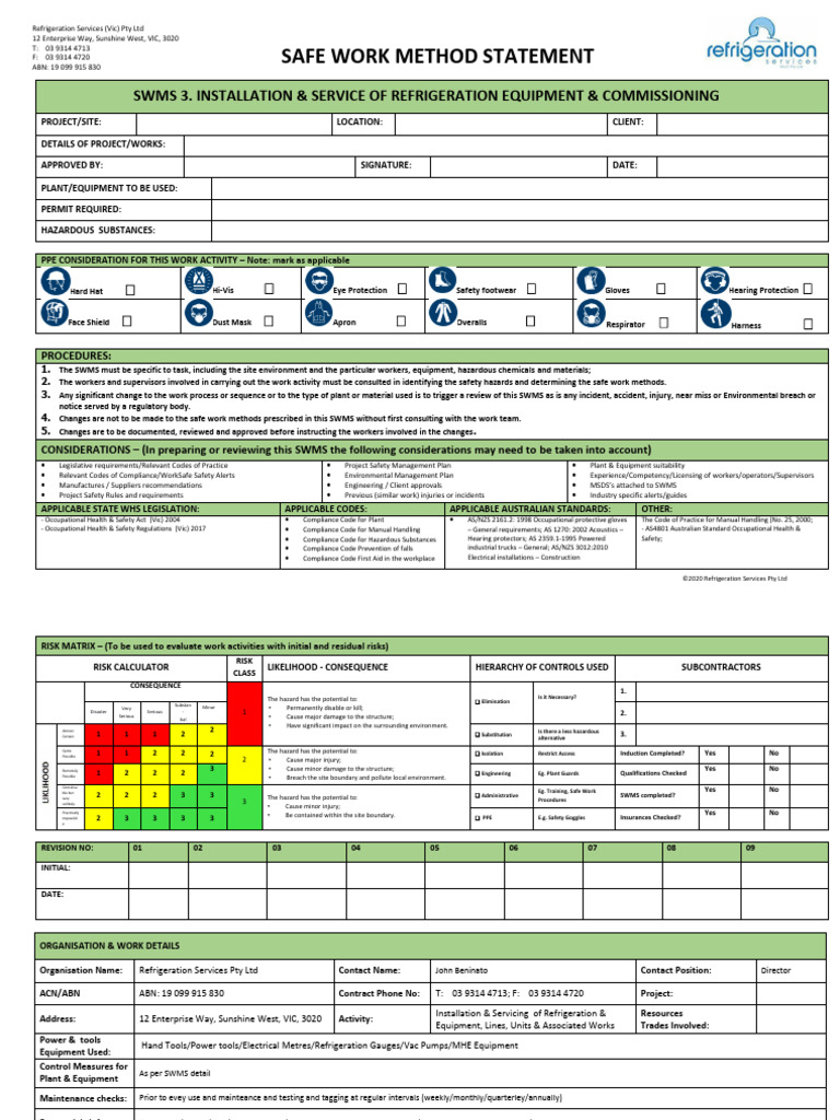 Refrigeration Equipment SWMS Guide | PDF | Occupational Safety And ...