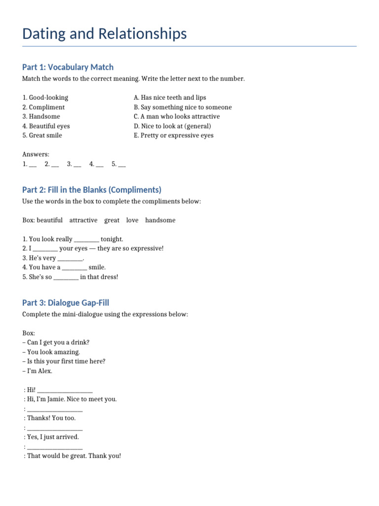 Dating Vocabulary and Compliments Guide | PDF