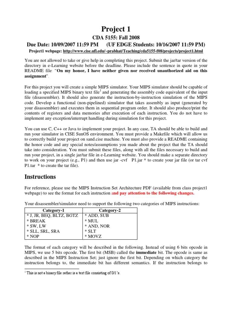 MIPS Simulator Project Guidelines | PDF | Instruction Set | Integer ...