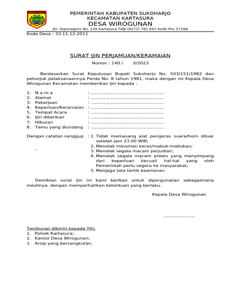 Surat Izin Keramaian Desa Wirogunan | PDF