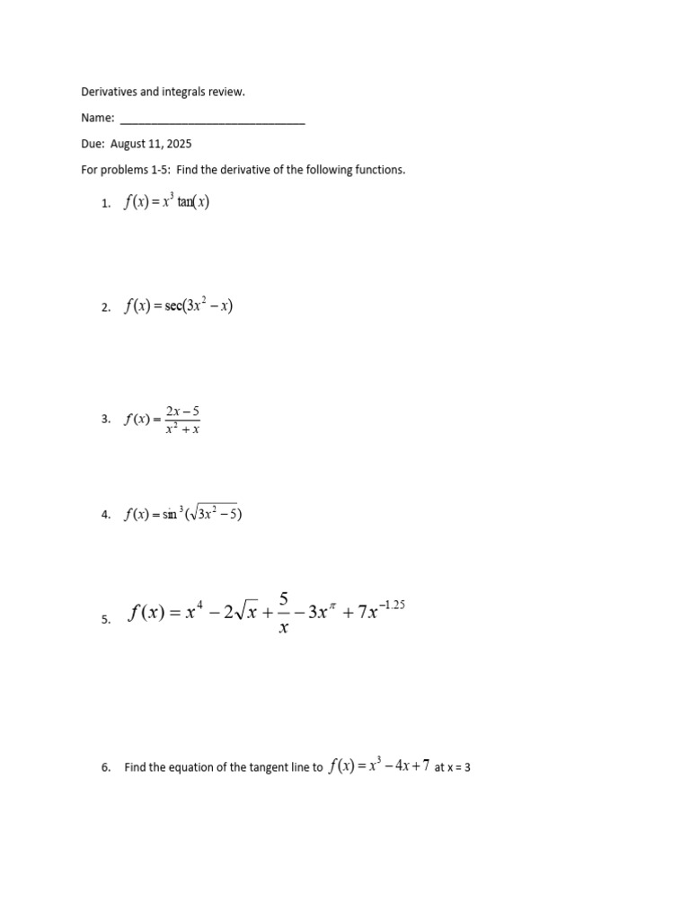 Derivatives and Integrals Practice Guide | PDF