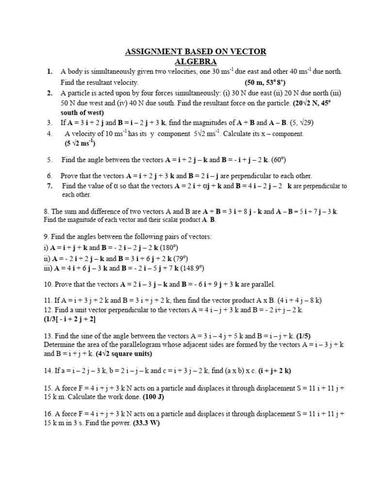 Vector Algebra Assignment Solutions | PDF | Euclidean Vector | Force