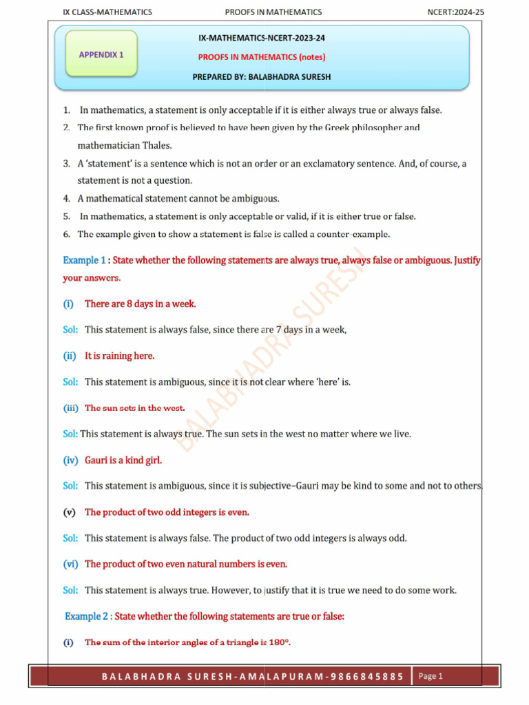 Ix Ncert2024 25 Mathematics Proofs in Mathematics Appendix 1notes Wbimg ...