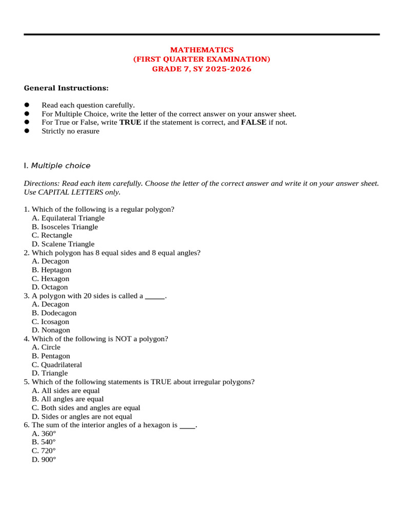 Grade 7 Mathematics Exam Guide | PDF | Triangle | Rectangle