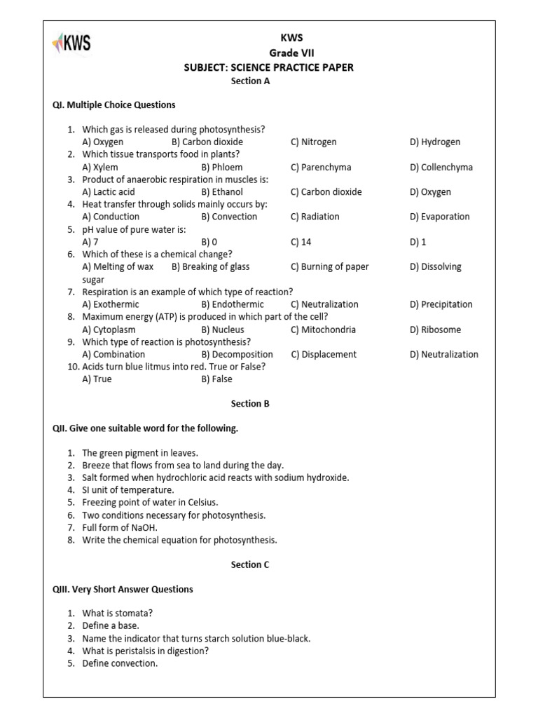 Grade VII Science Practice Paper | PDF | Chemical Reactions | Water