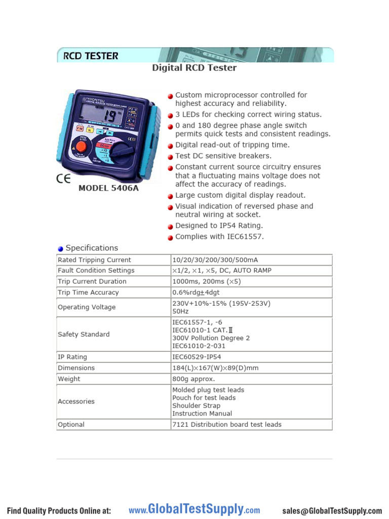 Digital RCD Tester Model 5406A Specs | PDF | Electronics | Power (Physics)