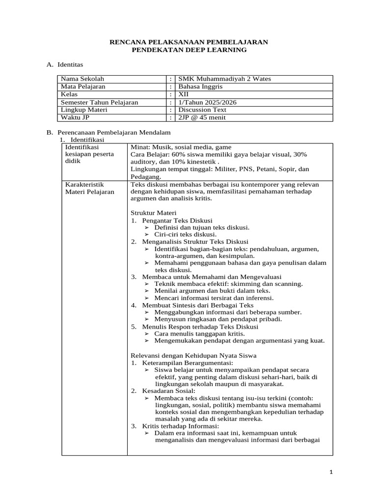 RPP Deep Learning Bahasa Inggris XII 1 | PDF