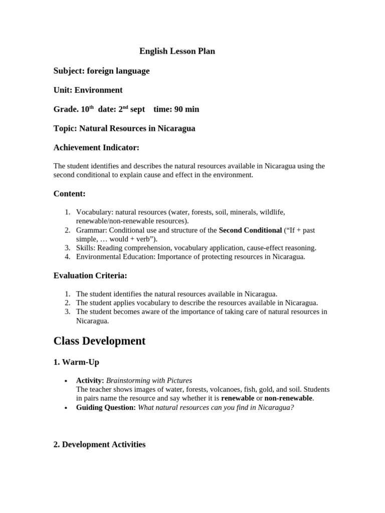 English Lesson Plan 10th Sept 2nd - 110029 | PDF | Nicaragua | Water
