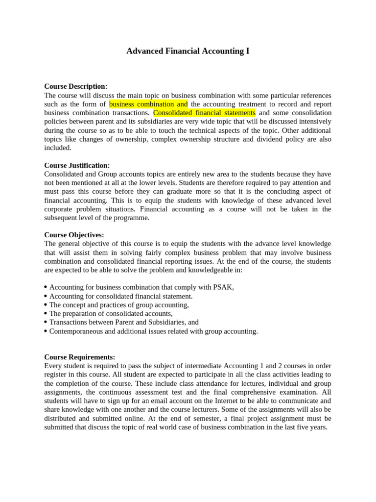 Advanced Financial Accounting Course Overview | PDF | Consolidation ...