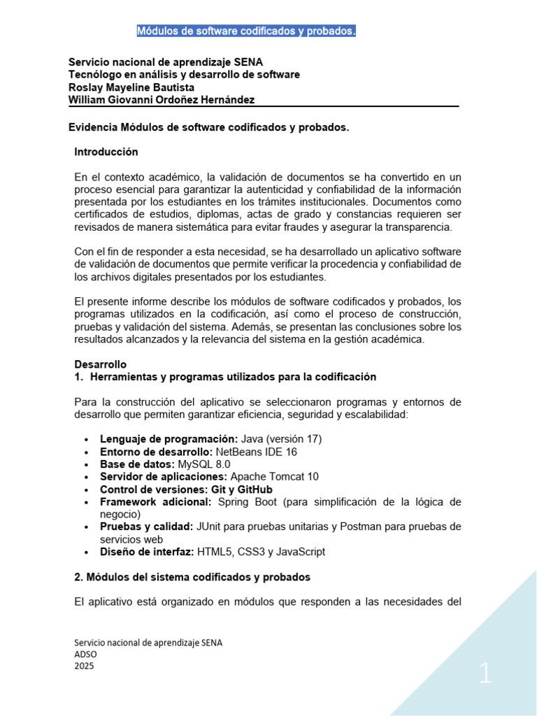 Módulos de Software Codificados y Probados | PDF | Mi sql | Autenticación