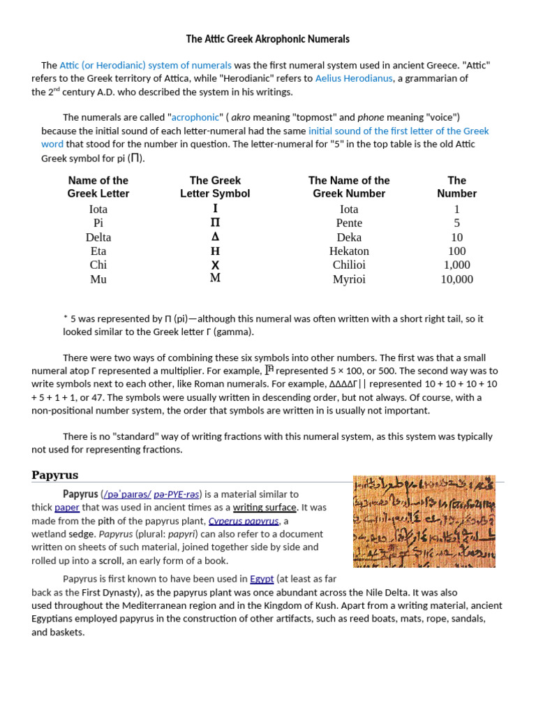 Attic Greek Akrophonic Numerals Explained | PDF | Papyrus | Egyptology