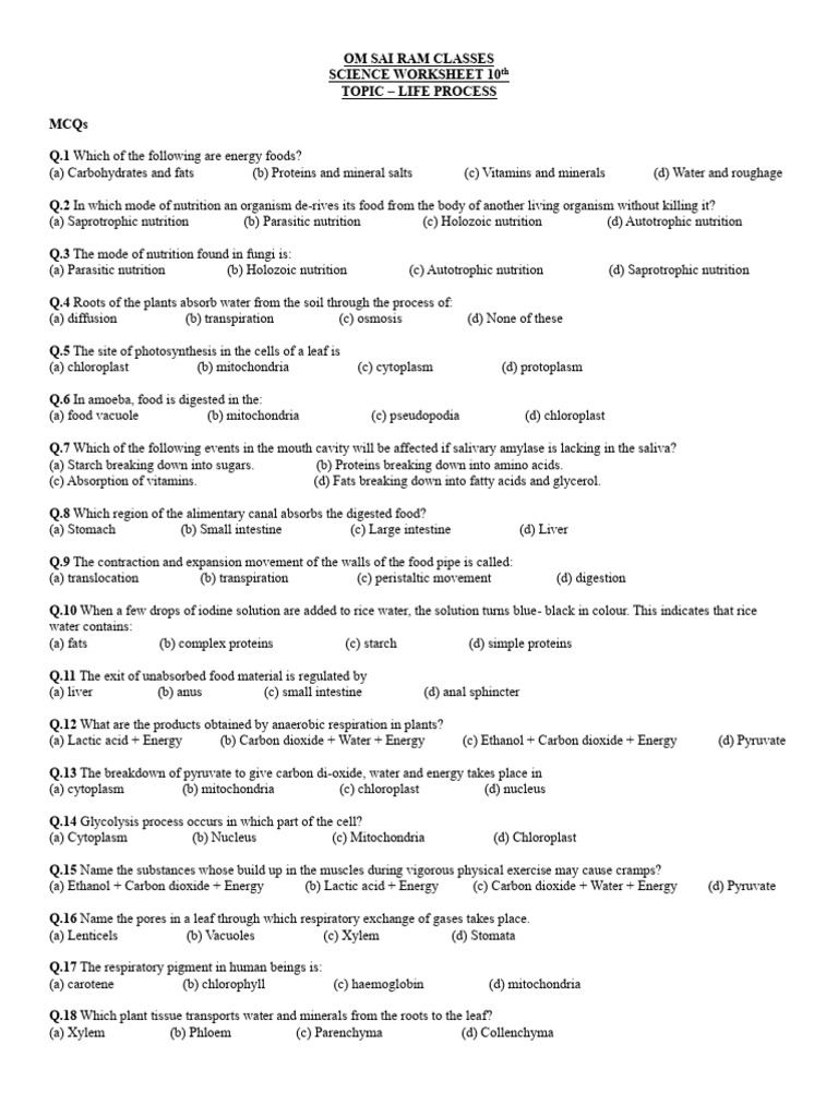 10th Grade Science Life Processes MCQs | PDF | Nutrition | Diet & Nutrition