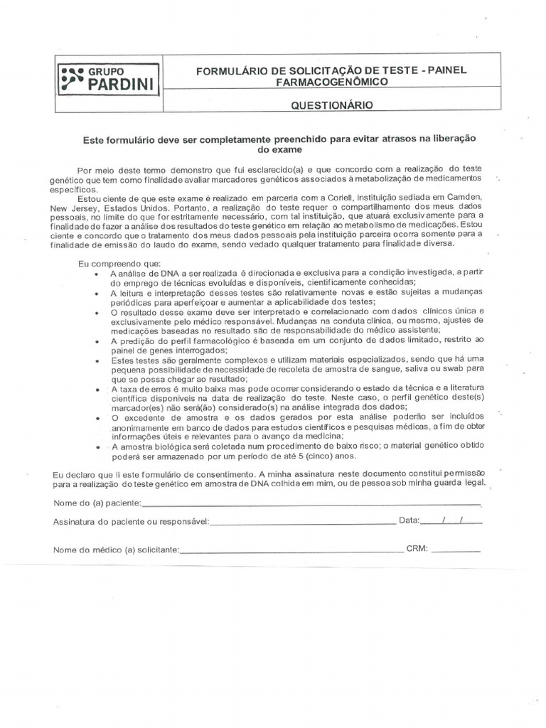 Formulário de Solicitação de Teste - Painel Farmacogenômico | PDF