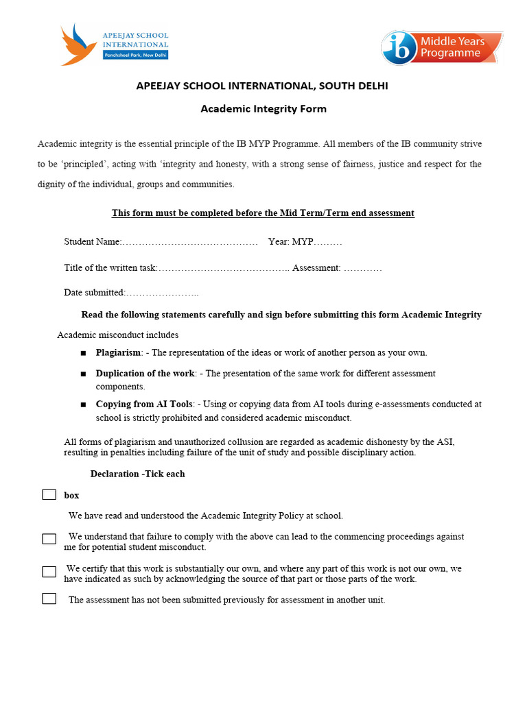 APEEJAY SCHOOL Academic Integrity Form | PDF | Academic Integrity ...