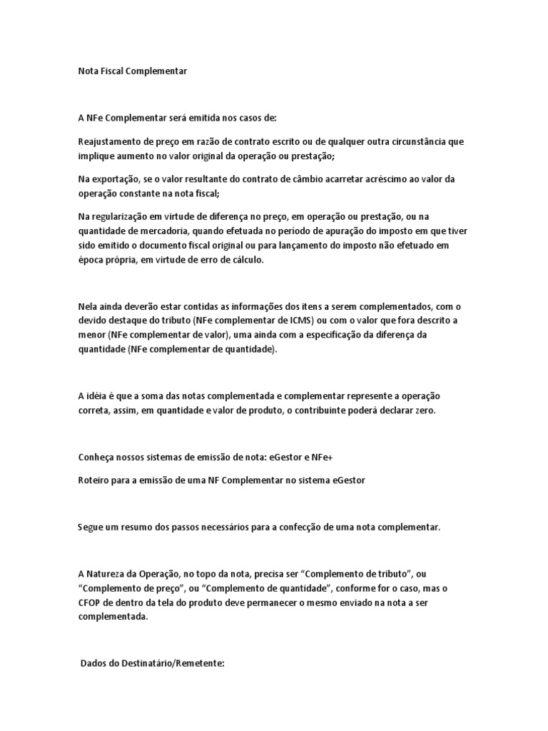 Nota Fiscal Complementar | PDF