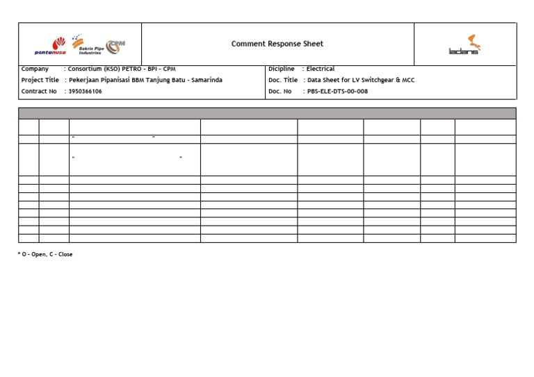 Comment Response Sheet - Datasheet LV Switchgear | PDF