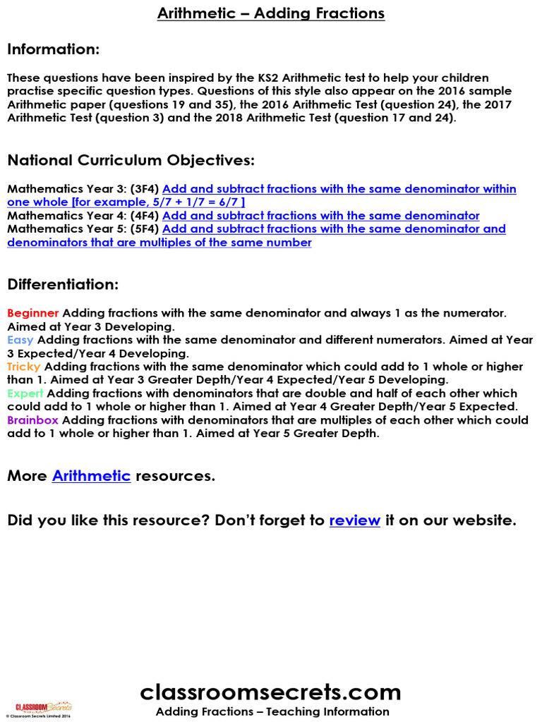 Adding Fractions Worksheets for KS2 | PDF | Mathematics | Arithmetic