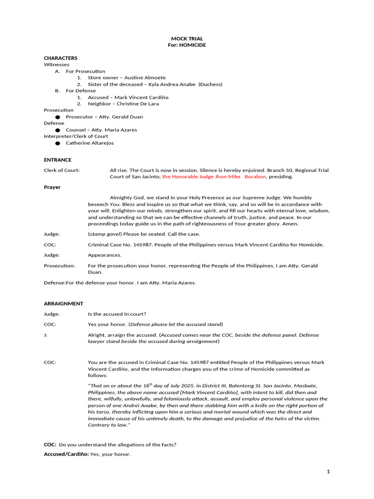 Homicide Mock Trial Script | PDF | Plea Bargain | Plea