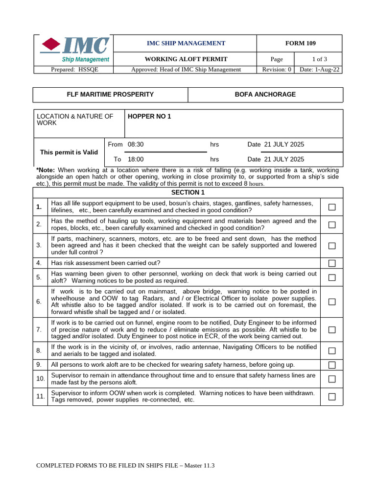109 - Working Aloft Permit | PDF