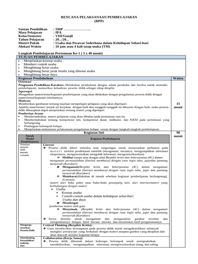 RPP IPA Kelas VIII: Usaha & Pesawat Sederhana | PDF