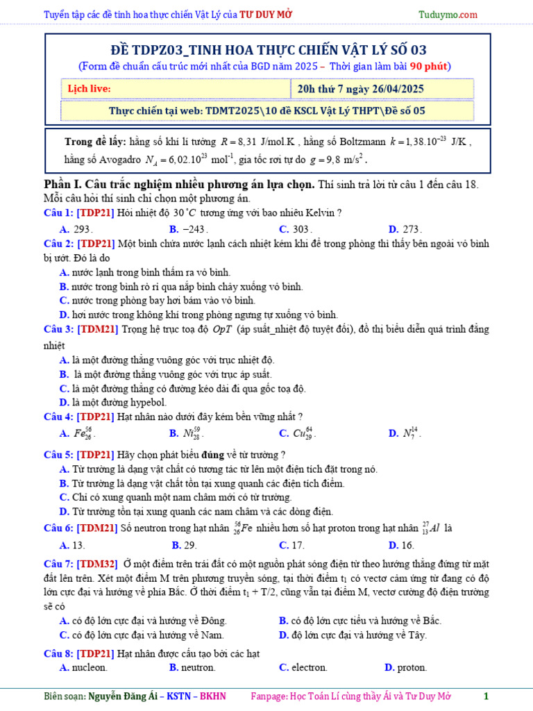 De Tdpz03 Tinh Hoa Thuc Chien Vat Ly 03 PDF | PDF