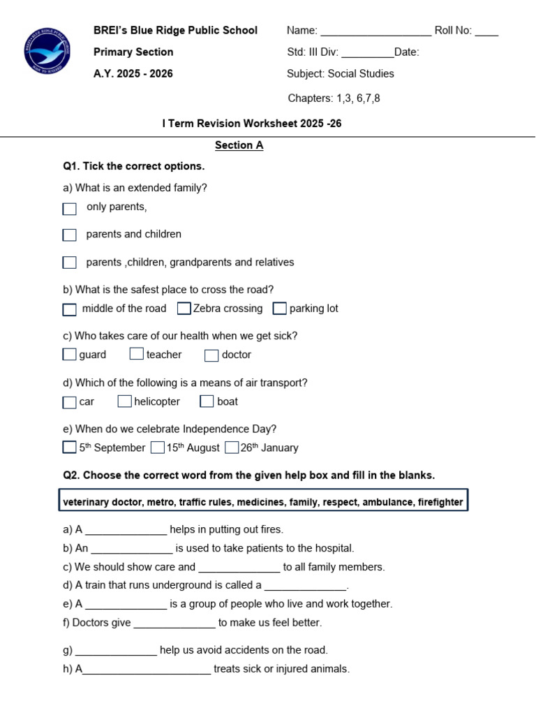 Social Studies Revision Worksheet for Grade 3 | PDF