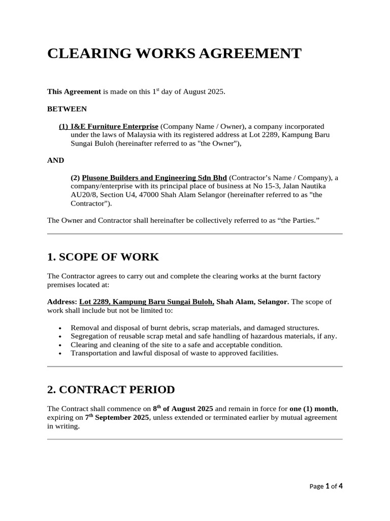 Clearing Works Agreement for Factory Site | PDF | Legal Liability ...