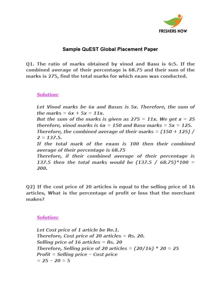 QuEST Global Placement Paper Sample | PDF