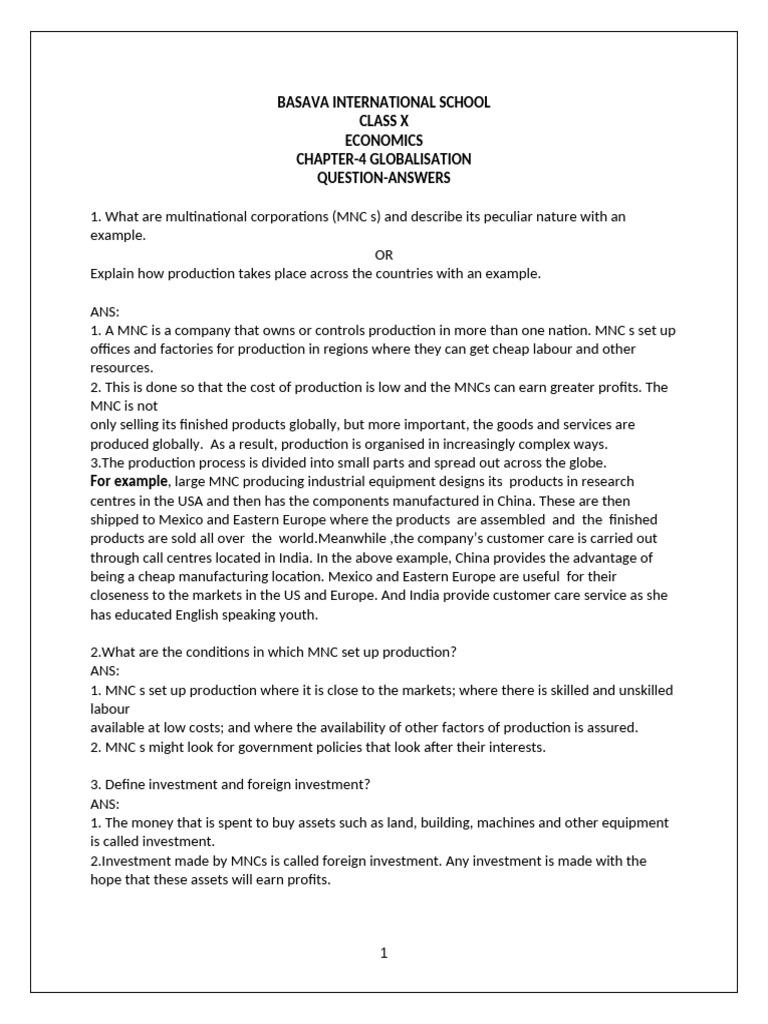 Class 10 Economics: Globalisation Q&A | PDF | Globalization ...